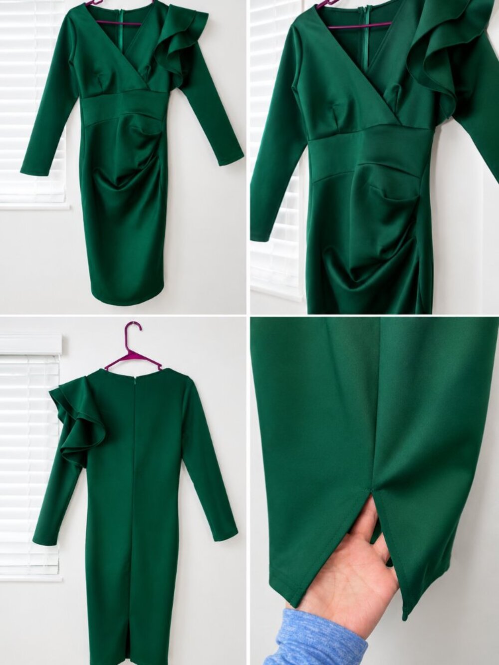 Emerald Green Ruched Cocktail Dress - Long Sleeve with Ruffle Details - Size 8-1